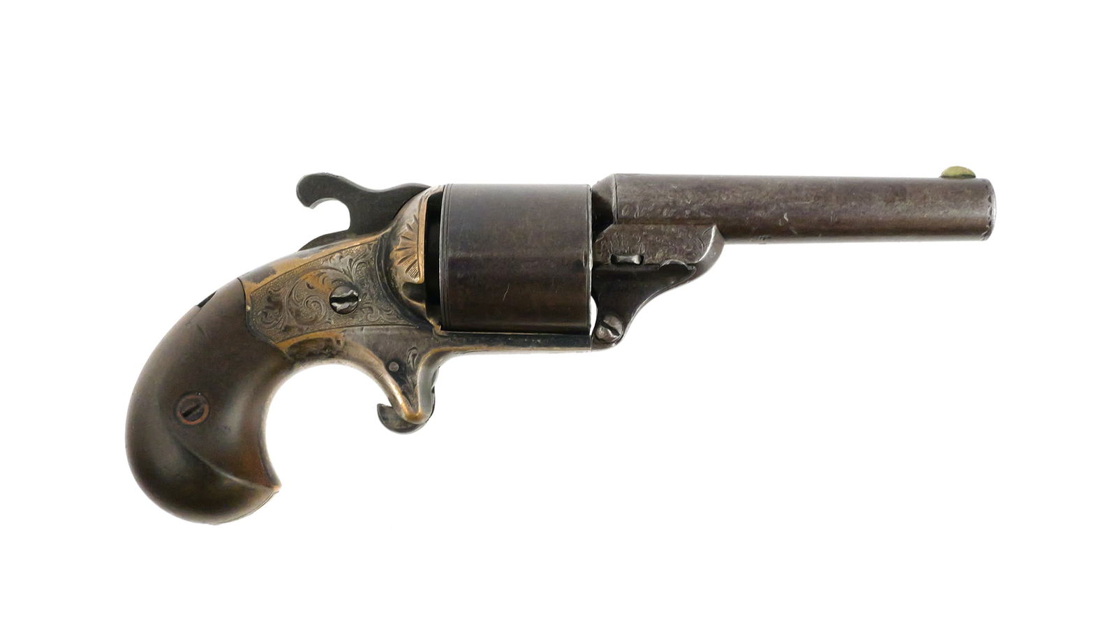 Moore Teat Fire revolver .32 Cal: Antique Moore's Patent Fire Arms Co. revolver in .32 Teat-fire caliber with 3-1/4" round barrel. Barrel marked "Moore's Pat Fire Arms Co Brooklyn N.Y.". Six shot smooth cylinder. Frame features engrav