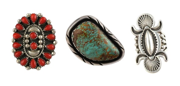 (3) Navajo Sterling Silver Rings, Turquoise & Coral