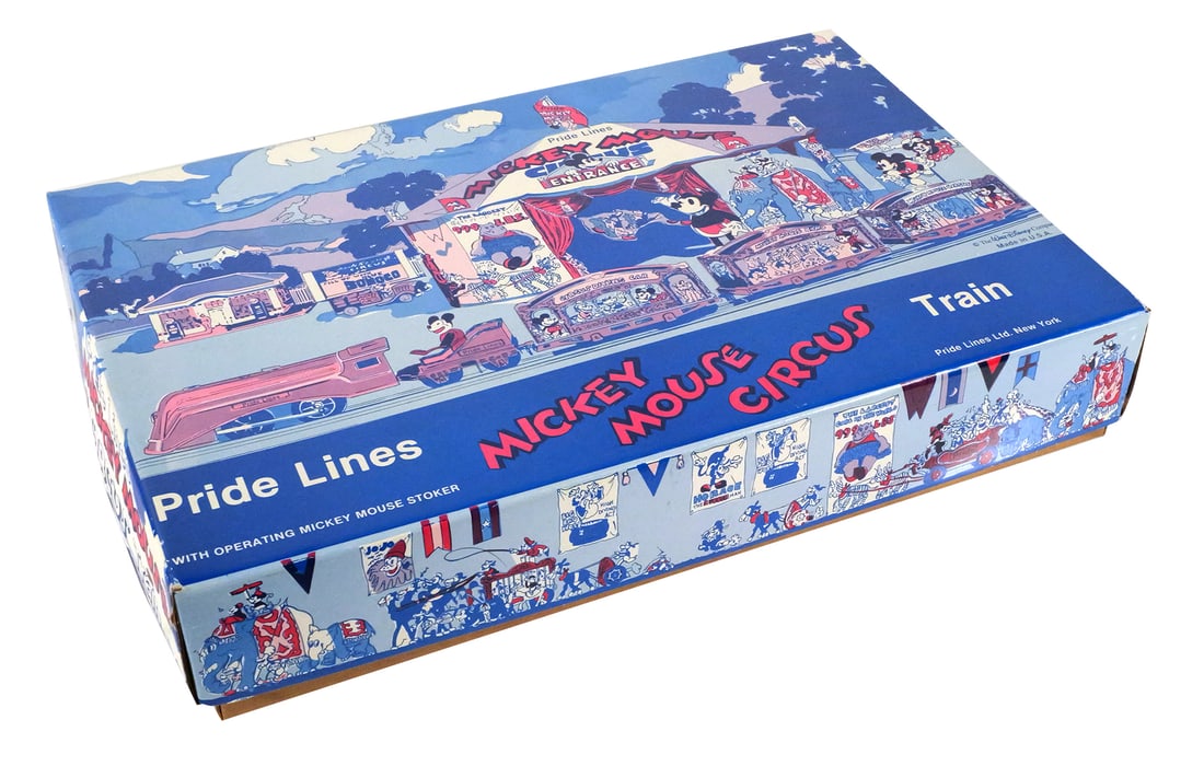 Walt Disney Pride Lines Mickey Mouse Circus Train: Pride Lines Ltd. Mickey Mouse Circus Train No. 1536, licensed by Walt Disney Company and made in the U.S.A. Replica of the Lionel Manufacturing Corp. 1934 circus train. 0-27 gauge set includes locomot
