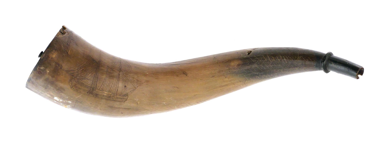 19C Decorated Powderhorn, Ship and Eagle: Antique 19th century powder horn, about 14" long. Engraved ship image about 2-1/4" x 3-1/2", as well as small eagle. Much of the rest of the horn is decorated with simple X marks. This item can be shi
