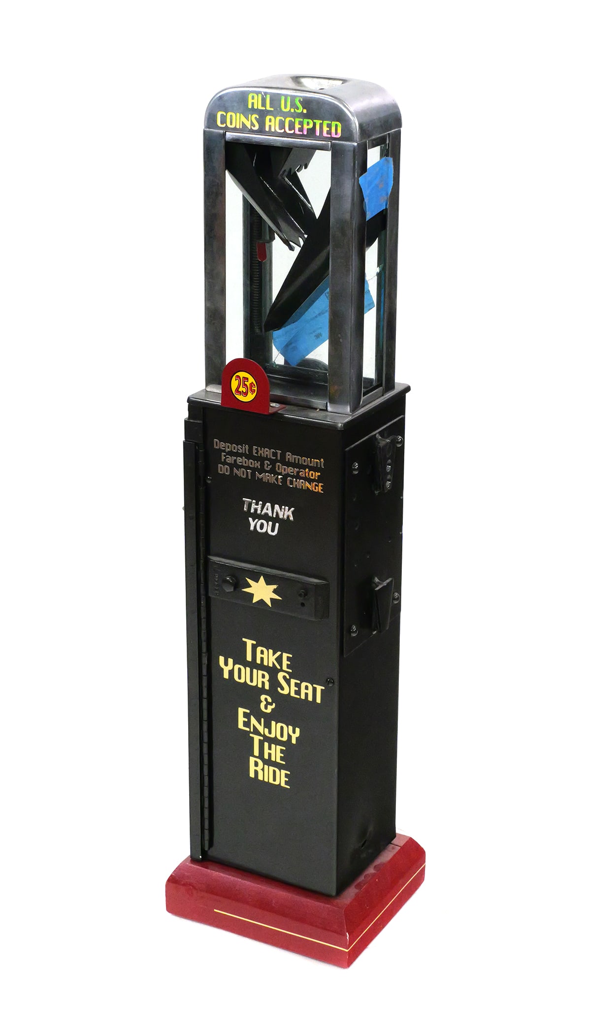 Restored City BUS FARE Box, Vintage: Another great addition to a man cave. Circa 1970s city bus fare box, fully restored, with original interior mechanisms and coin box intact. Measures 34-1/2" high and quite heavy. This item will need t