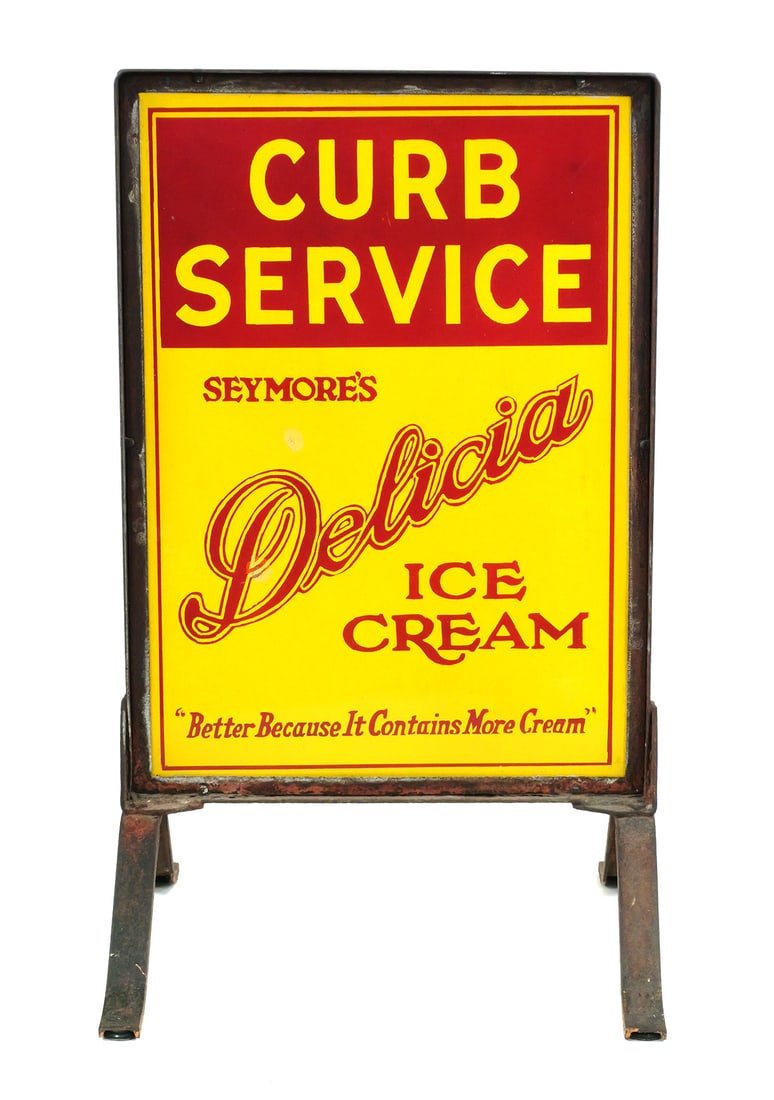Seymore's Delicia Ice Cream Curb Service Sign: Double-sided metal lithograph advertising sign reading Curb Service Seymore's Delicia Ice Cream with slogan Better Because It Contains More Cream. Bright red and yellow lettering in original iron stan