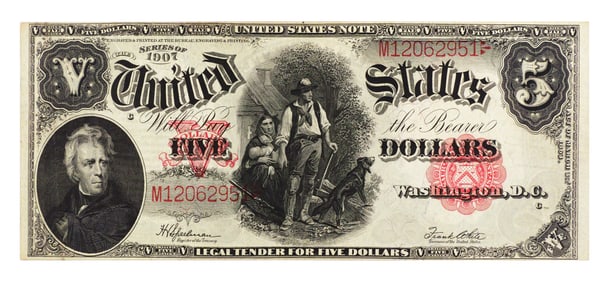 Currency: 1907 $5 Woodchopper Note VF