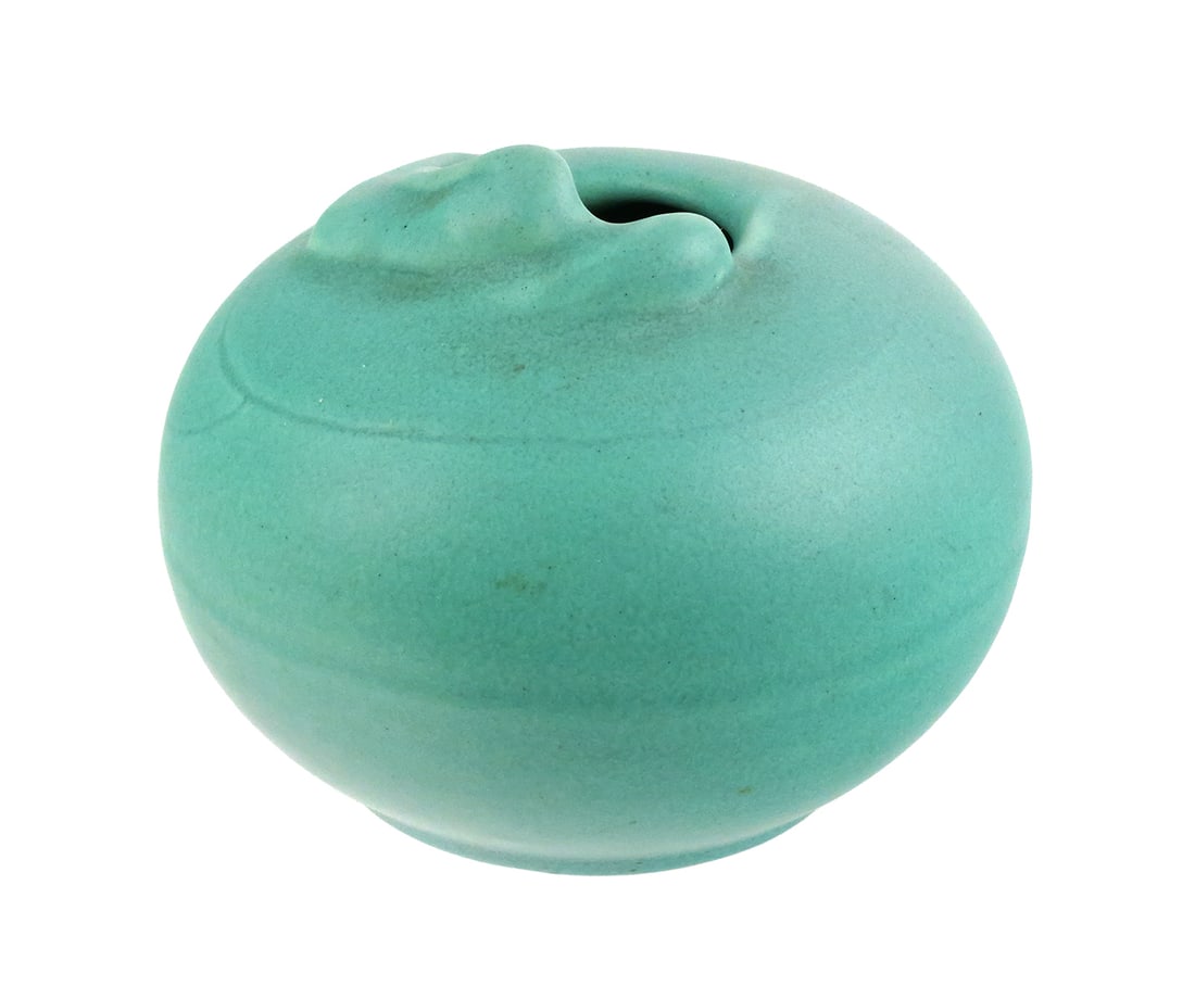 ROOKWOOD Reclining Nude Cabinet Vase, 1901: Rookwood pottery vase, shape 162Z, produced in 1901 as part of the Z-Line. Small rounded form with a low-relief reclining nude. Covered in a turquoise matte glaze. Measures 3-1/8" high. Base impressed