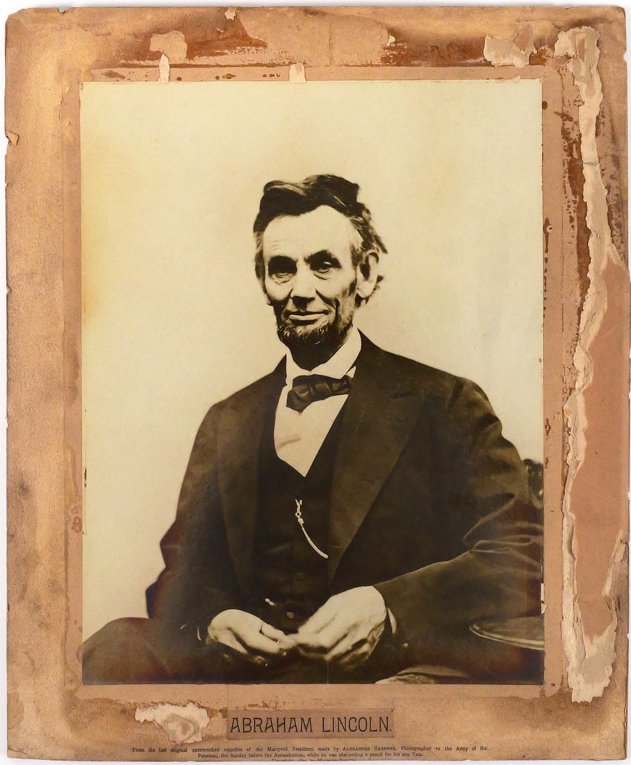 Portrait of Lincoln by Alexander Gardner: Silver gelatin print taken from the now lost original negative. Copyright 1894 by Watson Porter, assumed to be published by Sprague & Hathaway Co. Photograph was taken from the original untouched Alex