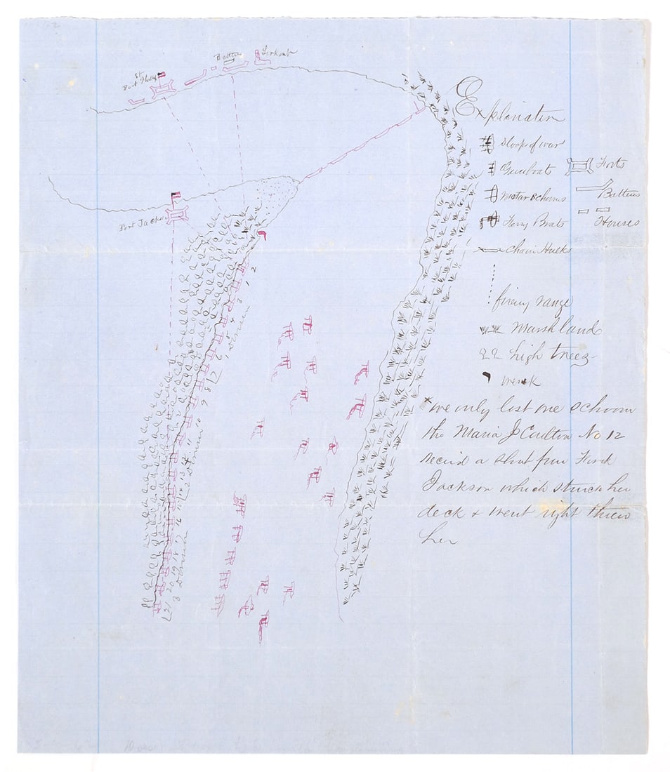 Civil War: Hand Drawn Battle of New Orleans Map: Original, period hand drawn map illustrating the Civil War, 1862, Battle of New Orleans. Drawn by an unidentified Union Navy sailor, the map shows the positions of the sloop of war, gunboats, mortar s