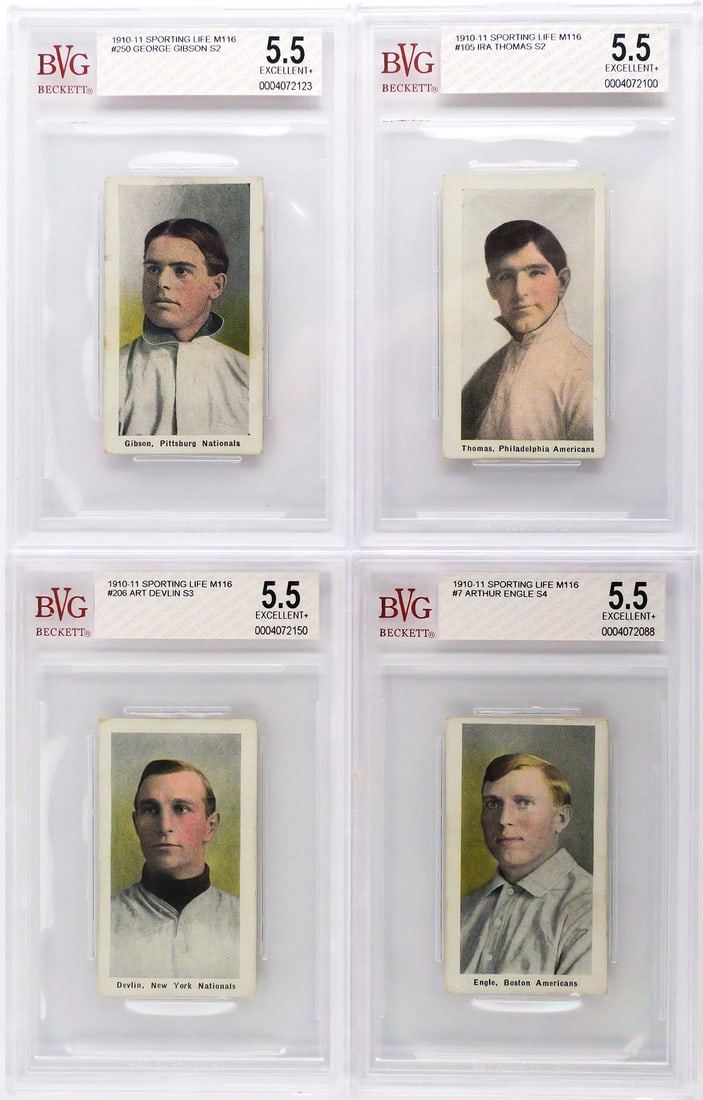 1910 Sporting Life Baseball Cards (4) BVG 5.5 EX+: FOUR 1910-11 Sporting Life M116, graded BVG 5.5 (Excellent +). Includes #7 Arthur Engle, #105 Ira Thomas, #206 Art Devlin and #250 George Gibson. Several graded Sporting Life cards are in today's auct