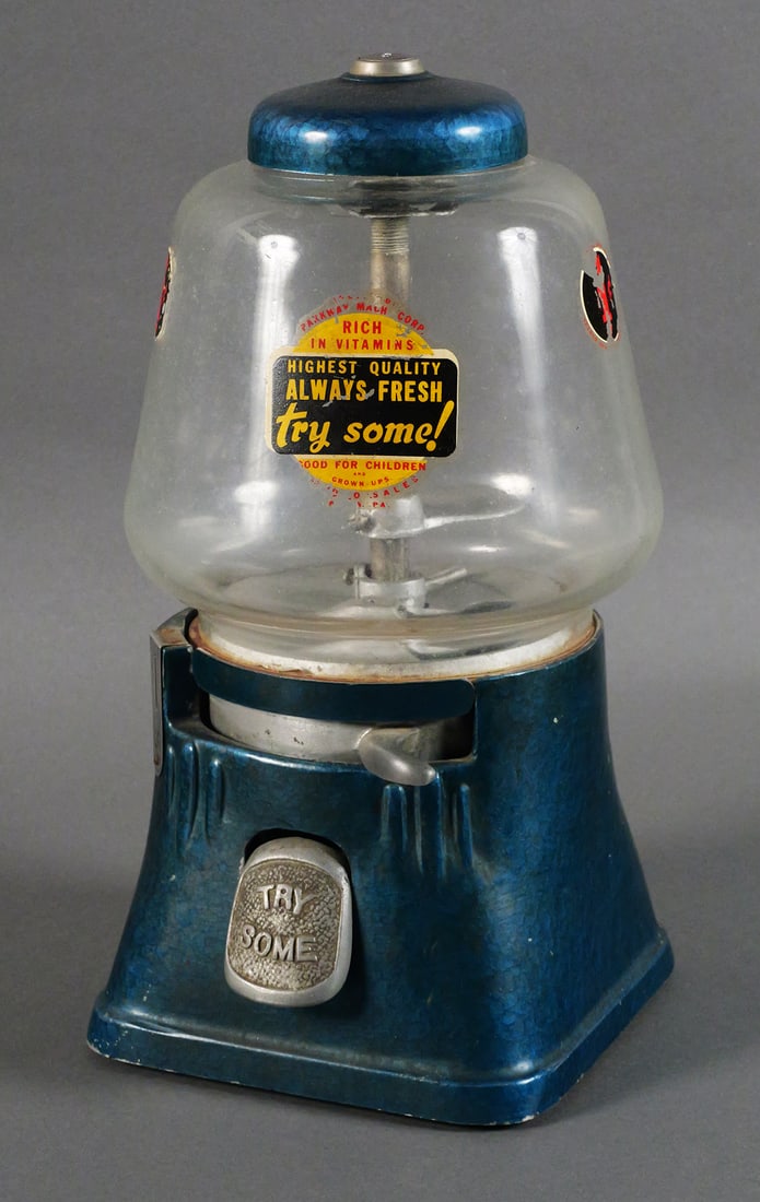 Blue Parkway 1c Gumball Peanut Machine: Vintage Parkway Manufacturing Co. gumball and peanut vending machine, finished in blue with a glass globe and metal base. Retains decal reading Highest Quality Always Fresh Try Some. Operates on one c