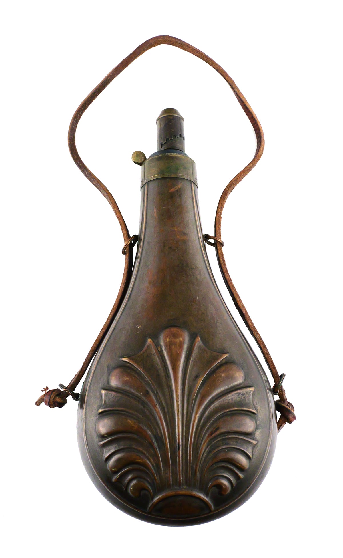 Antique Embossed Copper Brass Powder Flask: Embossed copper powder flask with raised shell motif on both sides. Measures approximately 10" long. Brass top with adjustable spout marked in drams 4, 3-3/4, 3-1/2, 3-1/4, and 3. Retains carry rings