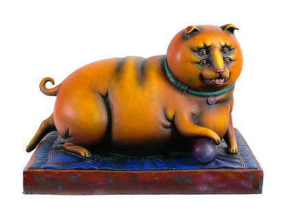 SERGIO BUSTAMANTE Animal Sculpture 31": Massive ceramic sculpture of a dog ... or a cat ... with a small ball. (There has been considerable discussion about which animal this is.) Surrealist elements with four eyes and exaggerated body,