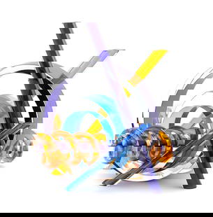 FAY MILLER Glass Sculpture 2006: Studio art glass sculpture "Counterpoint," composed of interlocking rings and rods in amber, blue, purple, and clear glass, arranged in a geometric abstract form. Signed Fay Miller 2006 on the