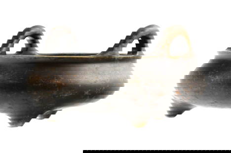 Antique Chinese Bronze Tripod Censer, Ming Mark: Bronze tripod censer with upright loop handles, cast with recessed six-character "Da Ming Xuande Nian Zhi" ("Made in the Xuande period of the Great Ming") mark to the base. Interior features a