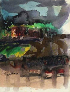 SYD SOLOMON Gouache Abstract Landscape: Watercolor/gouache on paper by Solomon (American, 1917-2004). The piece is triple-signed: It's signed lower left on front, and on verso, on a personalized note as well as on the title label. Dated