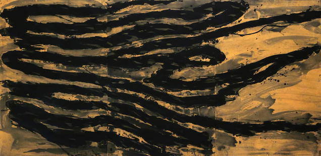 HUGH O'DONNELL Abstract Woodblock: Woodblock and etching titled Sign of the Tiger, 1991 by Hugh O'Donnell (b. 1950) created in collaboration with Graphic Studio USF Tampa, signed in pencil and numbered 24/40, work measures 40-3/8" x