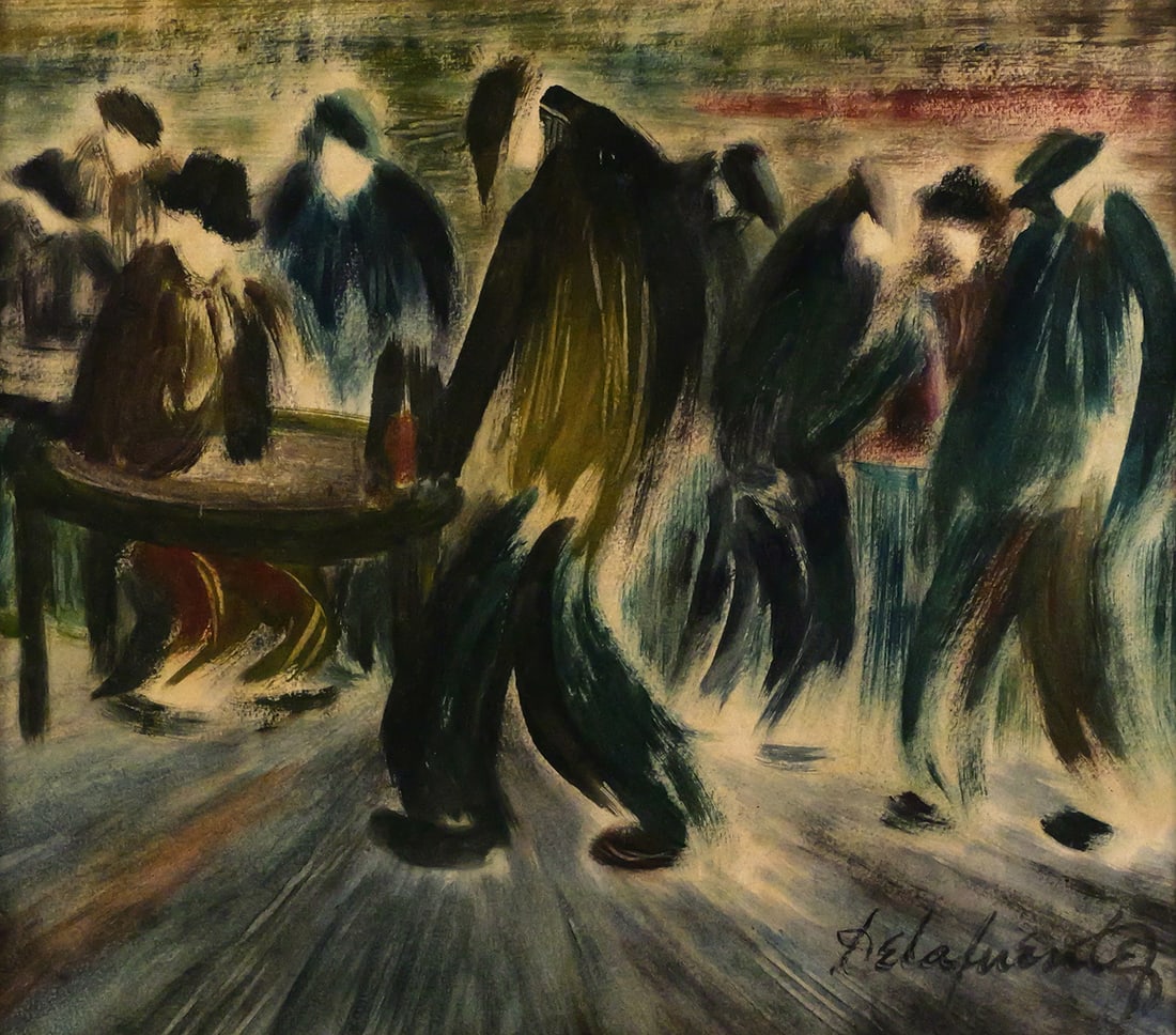 FELIPE DE LA FUENTE Figures Painting: Oil on board painting of figures that appear to be in a bar or interior setting, signed lower right De la Fuente. Image measures 12" x 13-1/2" frame measures 17" x 18-1/2". This item can be shipped in