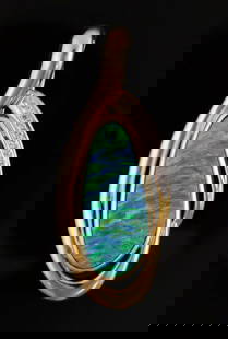 14K Gold Diamond Opal Pendant Enhancer: 14 karat yellow and white gold pendant set with a large opal, accented with diamonds. Modern contemporary design, pendant has a bail that opens, allowing for use on a pearls, Omega, or other style