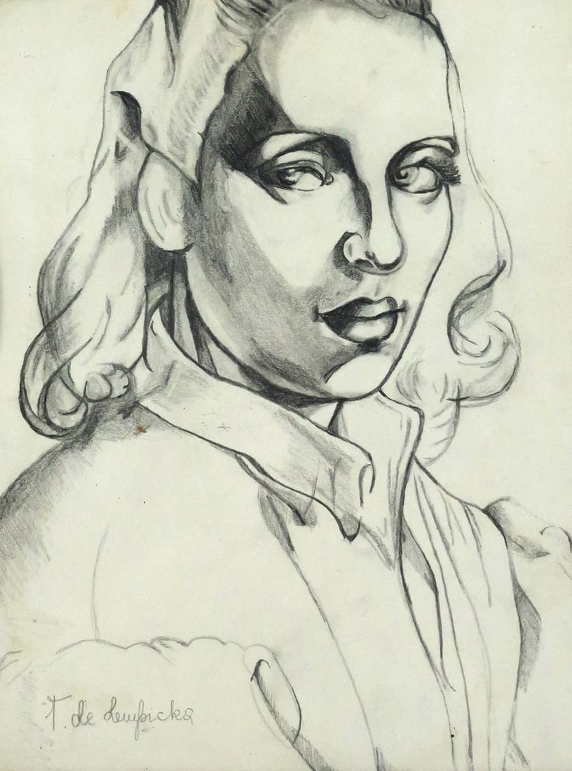 T. DE LEMPICKA Portrait of Woman Drawing: Pencil on paper drawing of a woman with collared shirt, signed lower left T. de Lempicka (after Tamara de Lempicka, Polish 1898-1980). Image measures 13-1/2" x 10-1/4" frame measures 19" x 16". There