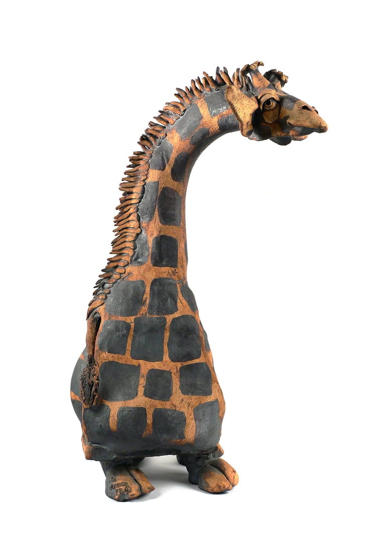 TODD WARNER, Large Giraffe Sculpture 1973: Ceramic art sculpture of giraffe by sculptor Todd Warner (American, b. 1945). Measures 19-3/4" high. Comes with 1999 COA/appraisal from Warner's studio dating the piece to 1973 (appraised value $5,800