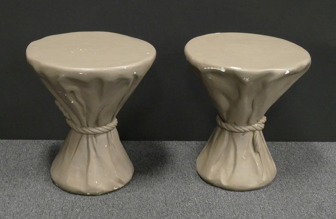 JOHN DICKINSON (2) Rope Stools, Taupe: Two rope stools or tables 111, designed by John Dickinson (American, 1920-1982). Painted plaster, taupe color. Measure about 19" high, 17-1/2" diameter. Provenance: From the estate of Cary Jones, a pe