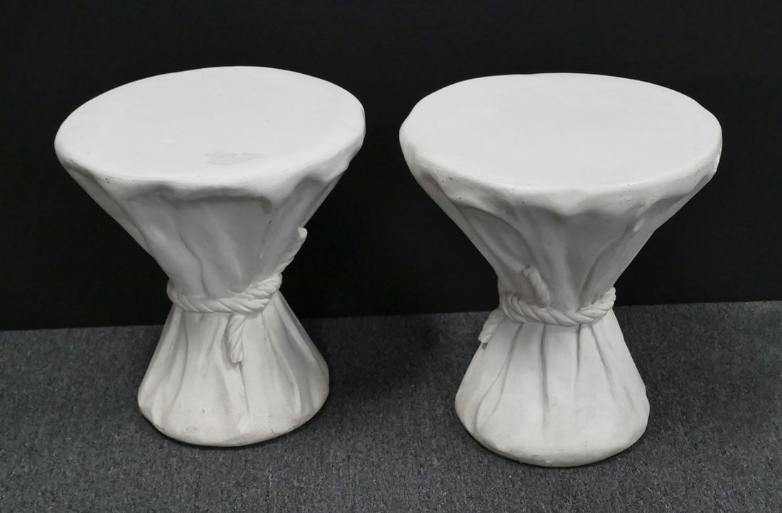 JOHN DICKINSON (2) Rope Stools, White: Two rope stools or tables 111, designed by John Dickinson (American, 1920-1982). Painted plaster. Measure about 19" high, 17-1/2" diameter. Provenance: From the estate of Cary Jones, a personal friend