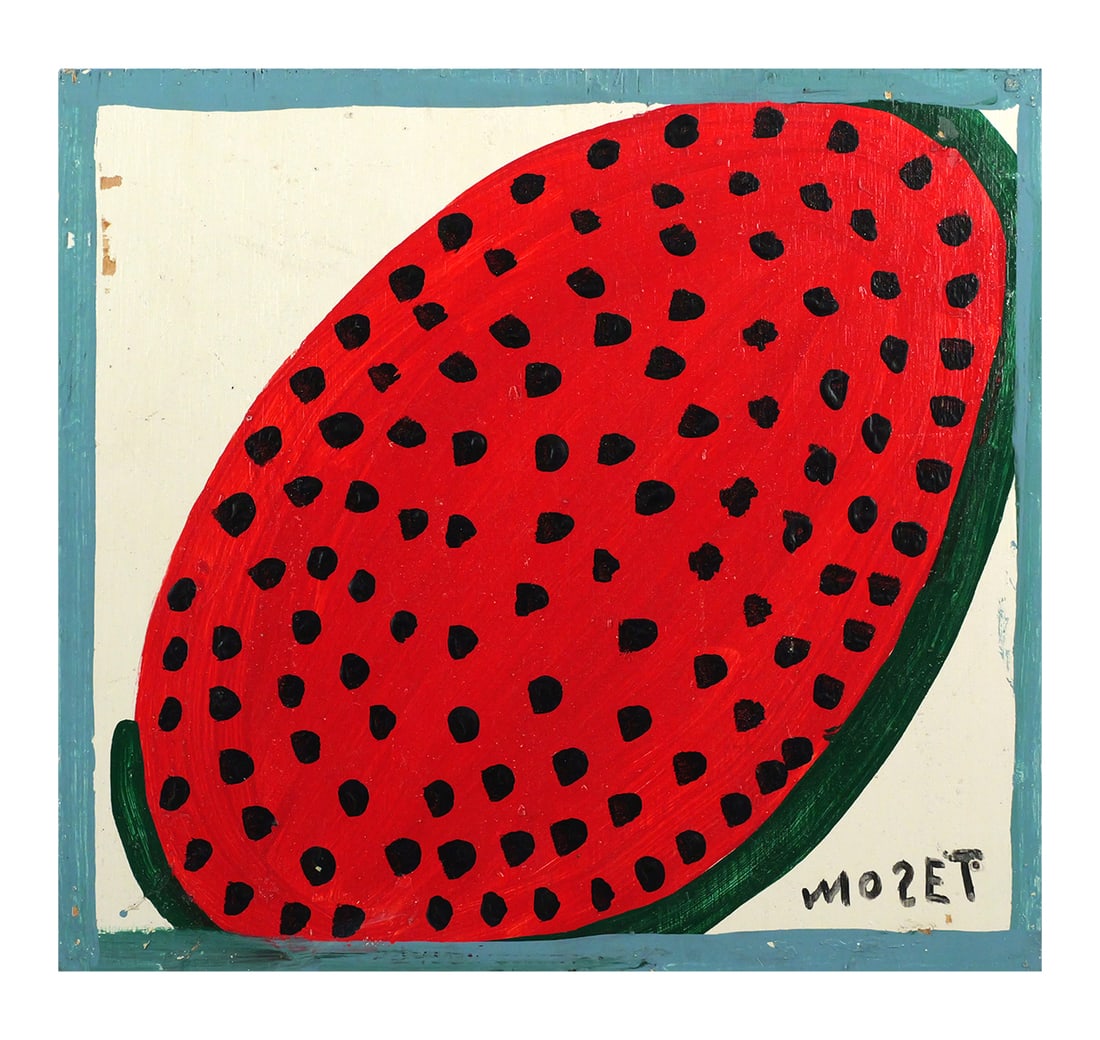 MOSE TOLLIVER, Watermelon, Folk Art Painting: Painting of watermelon on 3/4" plywood by Mose Tolliver (American, c.1918-2006). Signed lower right. Measures 13" x 14". Tolliver was one of 12 children born to sharecroppers in Alabama. This item can