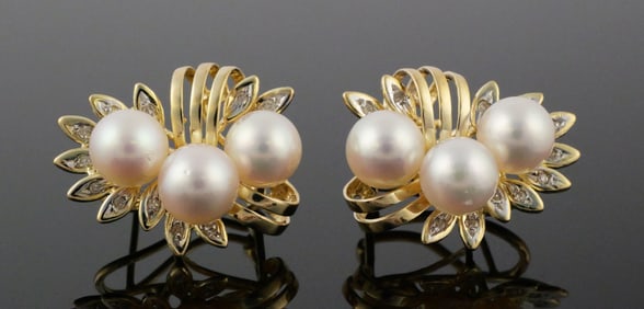 14k Gold Pearl Earrings, Accent Diamonds