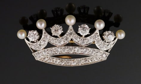 Art Deco Diamond 18k Gold Platinum Crown Brooch