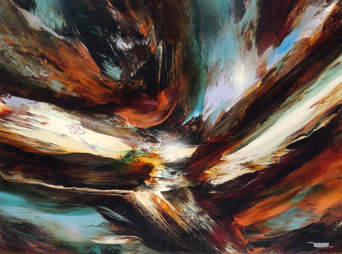 LEONARDO NIERMAN Abstract Acrylic on Board: Stunning acrylic painting on board by Nierman (Mexican/American, 1932-2023). Signed LR. Titled "Viento de Otono" ("Autumn Wind") and dated 1977 on verso. Measures 24" x 31-1/2" framed to 30-3/4" x 38-