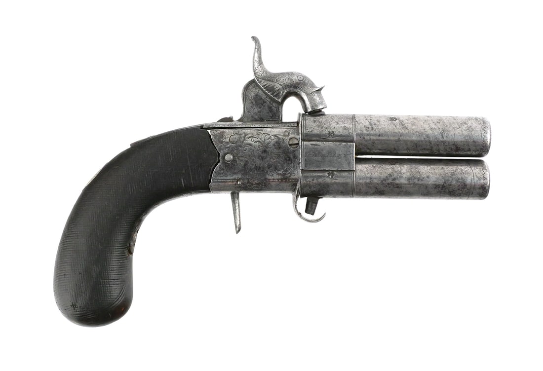 English Pocket Pistol Revolving Barrels: An English percussion pocket pistol, early 19th century with revolving over and under 2-3/4" barrels. Bore measures about .36. Steel foliate engraved frame with a hidden trigger and a hammer formed as