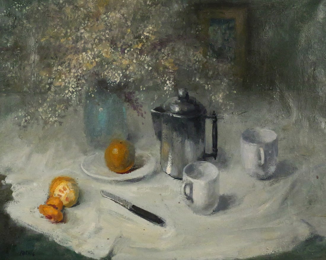 KOENIG Still Life Painting: Large oil on canvas painting featuring a still life painting with bouquet of flowers, coffee service with oranges, signed lower left Koenig. Image measures 23-1/2" x 29-1/2" frame measures 30" x 36". 