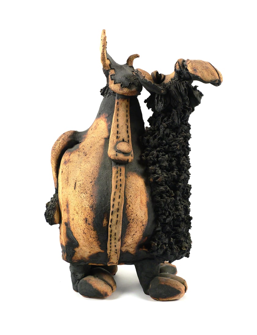 TODD WARNER, Camel Sculpture 1979: Ceramic art sculpture of a saddled camel by sculptor Todd Warner (American, b. 1945). Measures 12-1/2" high. Signed and dated on rear left foot. This item will need to be shipped by a packing company