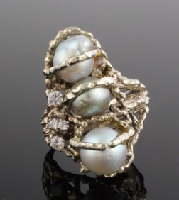 14k White Gold Brutalist Pearl & Diamond Ring