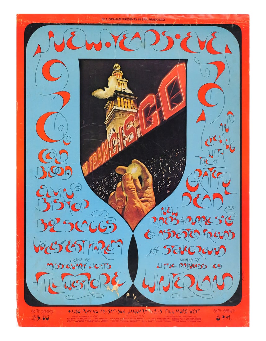 GRATEFUL DEAD 1970 BG-263 Poster NYE: Original concert poster, presumed to be 1st printing,1970 New Year's Eve show at Fillmore West and Winterland. Grateful Dead, New Riders of the Purple Sage, Cold Blood, Elvin Bishop, Boz Scaggs, Voice