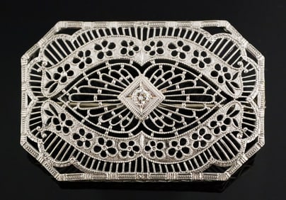 14k White Gold Art Deco Filigree Diamond Pin