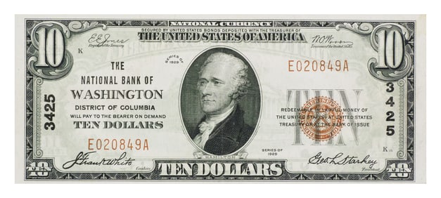 1929 $10 National Currency Note Washington DC