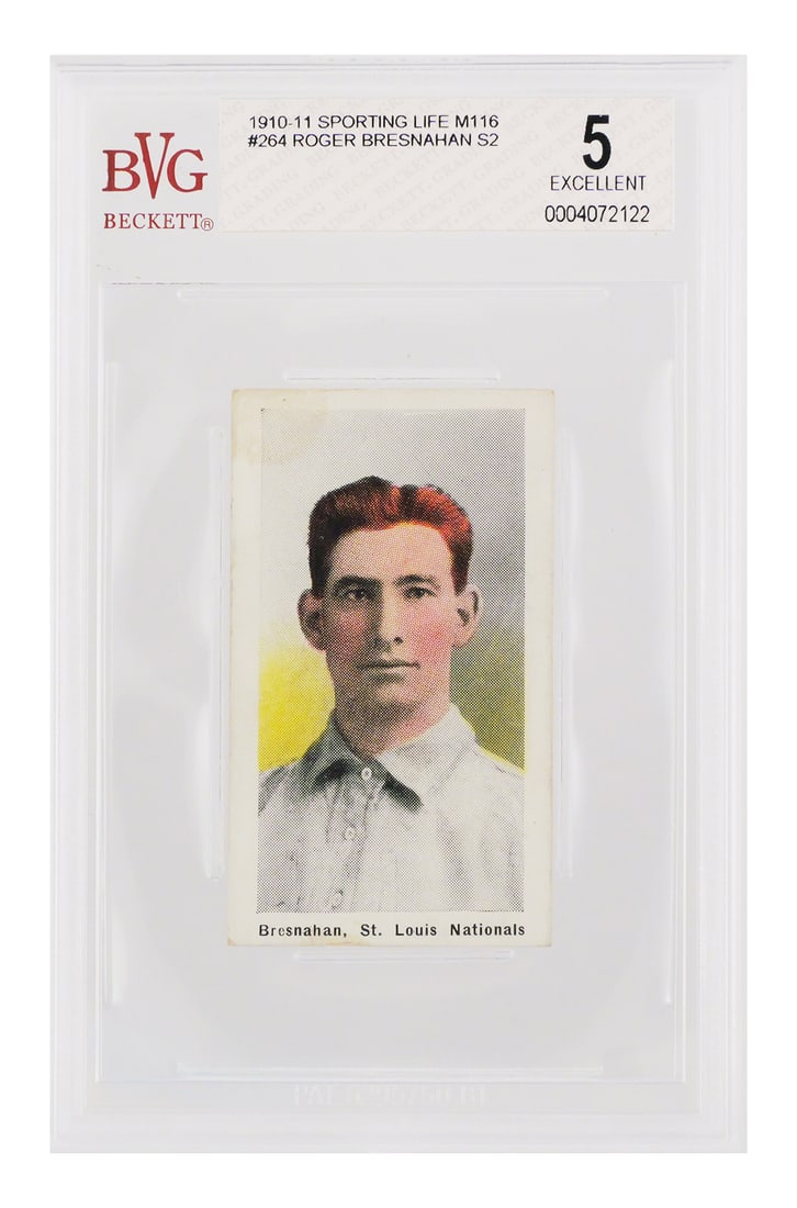 1910 Sporting Life ROGER BRESNAHAN Card BVG: 1910-11 Sporting Life M116, graded BVG 5 (EXCELLENT). Card #264 of HOF baseball player Roger Bresnahan. One of several graded Sporting Life cards in today's auction. This item can be shipped in-house.