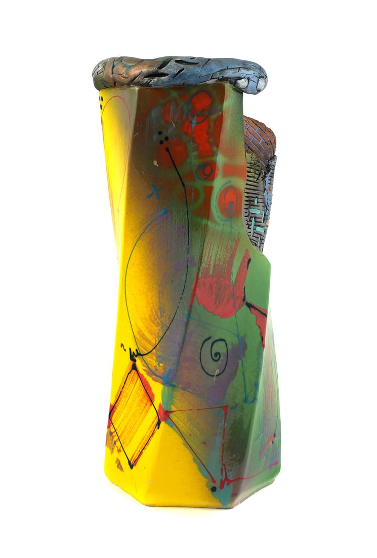 Michael Kifer Studio Ceramic Vase: Hand-painted and glazed ceramic vase with vivid abstract decoration and textured sculptural rim. Signed Kifer and dated '05 on base. Measures 15-1/4" x 7" x 6". TAGS: contemporary ceramic, studio pott