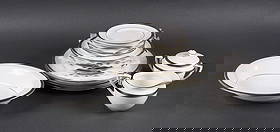 Royal Worcester "Malvern" China, 19 pc: Royal Worcester fine bone china service for six in the "Malvern" pattern, introduced 1964. Each piece features a white ground with a textured platinum border. The set includes (6) bread & butter plate