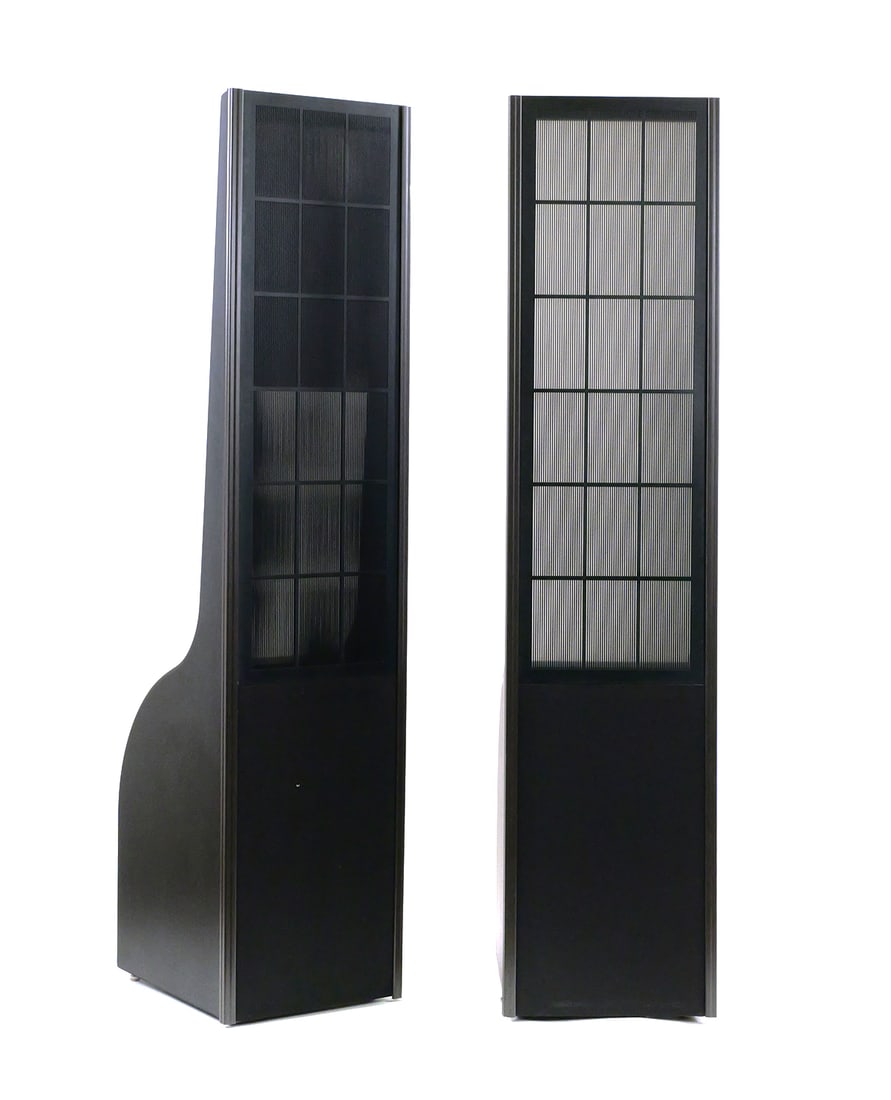 Pair InnerSound Eros Mk III Electrostatic Speakers: InnerSound Eros Mk III hybrid electrostatic loudspeakers with matching amplifier. Features include 10 inch woofer, 600 watt bass power handling, 2 ohm ESL load, 94 dB sensitivity, and frequency respon