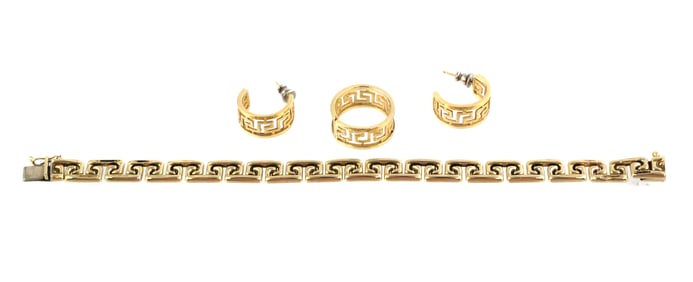 14K Greek Key Parure, Bracelet Earrings Ring