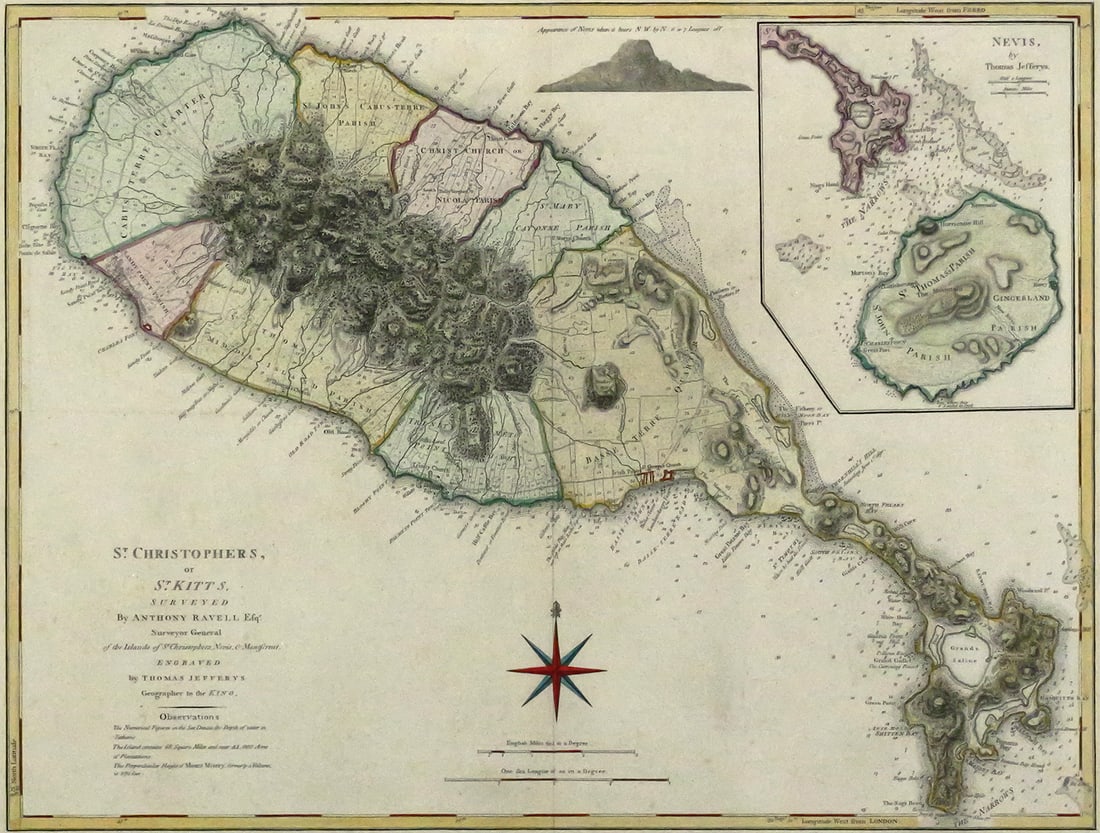 Antique Map Saint Christopher (St. Kitts): Large antique map of Saint Christopher (Saint Kitts), on bottom of the map it reads "London. Printed for Rob Sayer, Map and Printseller, No. 53 in Fleet Street, as the Act directs 20th Feb 1775." Map 