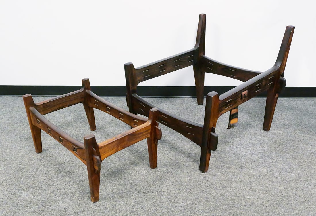 Sergio Rodrigues, Lounge Chair & Ottoman: Scarce 1960s "Mischievous" lounge chair and ottoman by Sergio Rodrigues (Brazilian, 1927-2014). Rosewood construction. Ready for new cushions and replacement leather straps. Comes with retaining knobs