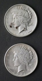 (2) 1921 High Relief Peace Silver Dollars