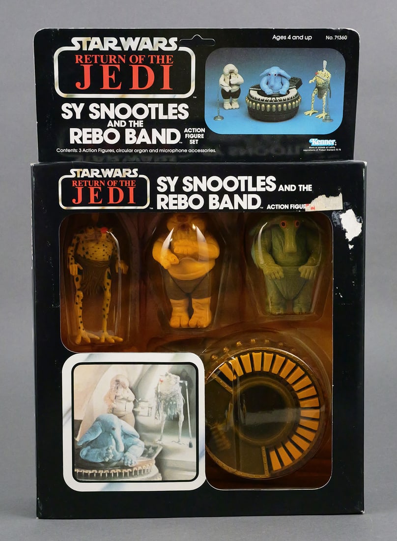 Star Wars ROTJ Rebo Band Set Boxed: Kenner 71360 Sy Snootles and the Rebo Band action figure set, 1983, unpunched. Includes Max Rebo with circular organ, Sy Snootles with microphone, and Droopy McCool with instrument, all sealed beneath