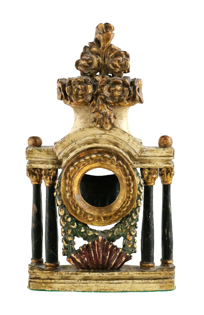 Antique French Pocket Watch Stand: Empire style polychrome and giltwood pocket watch holder. 19th century Continental, presumed to be French. 6" x 10-3/4". This item can be shipped in-house. Multiple lot combined shipping may require 3
