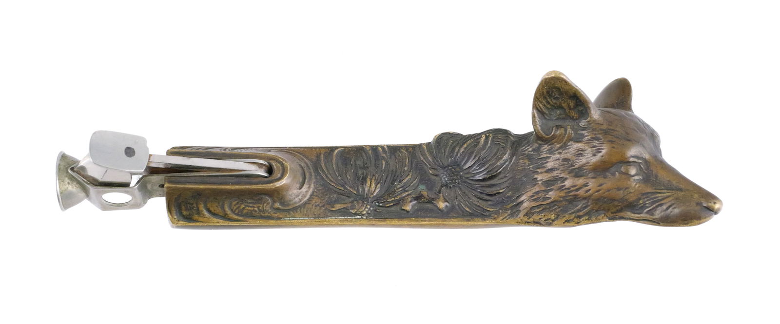 Austrian Bronze Figural Cigar Cutter: Cast bronze late 19th or early 20th century cigar cutter with a finely modeled fox head and pine branches. No marks. Approx. 6-1/8"L. This item can be shipped in-house. Multiple lot combined shipping