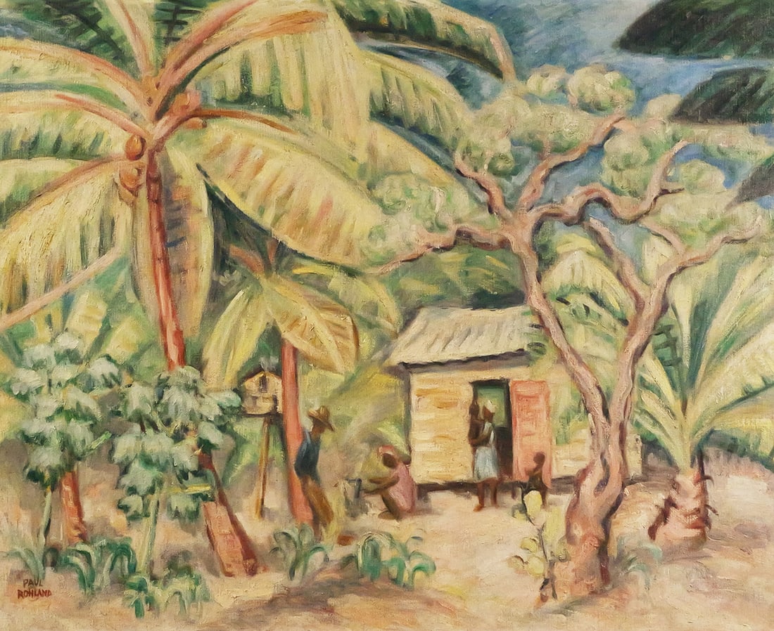 PAUL ROHLAND, Puerto Rican Home Painting: Vintage Puerto Rico scene oil on canvas by Paul Herman Rohland (American, 1884-1949). Titled "Porto Rican Home" on stretcher, with original price of $500, along with "Paul Rohland, Sierra Madre CAL." 