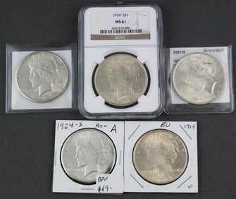 (5) 1924 Silver Peace Dollars