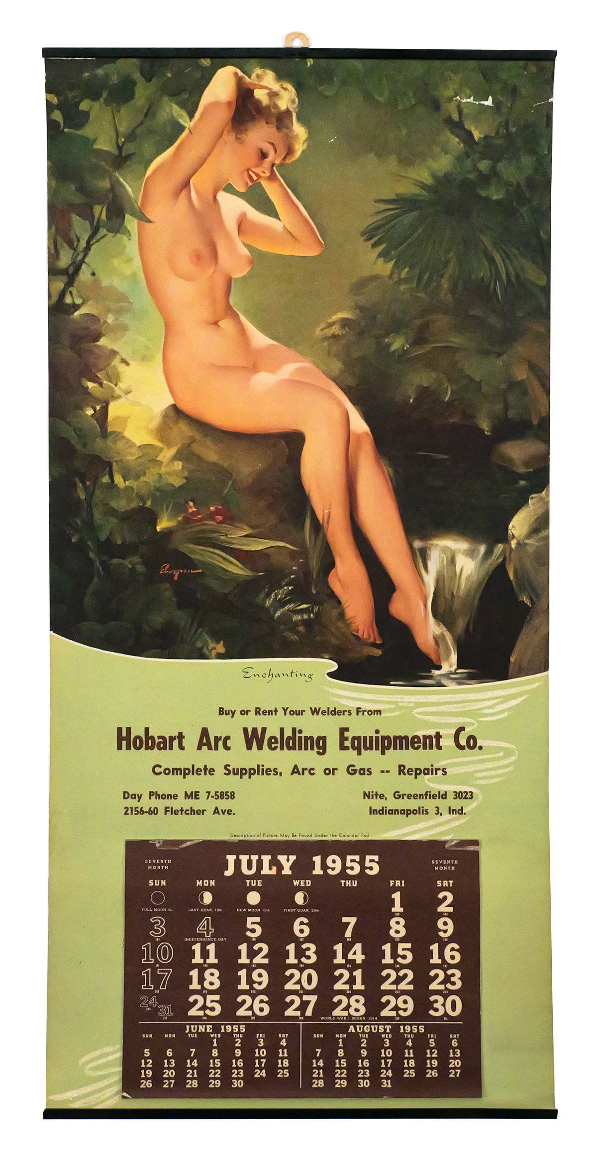 GIL ELVGREN "Enchanting" 1955 Pinup Calendar: Gil Elvgren cheesecake pin up calendar titled "Enchanting". 1955, advertising calendar for Hobart Arc Welding Equipment Co. Under the calendar pages printed with the description of the picture, marked
