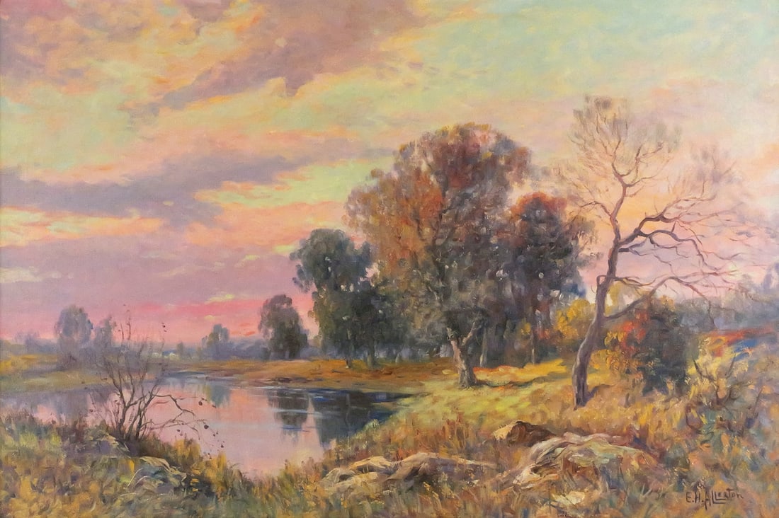 E.H. ALLERTON, Oil on Canvas Landscape: Colorful landscape painting by artist EH Allerton (American, 19C/20C). Brass plate identifies title as "Eventide." Signed LR. Measures 24" x 36" in 29-1/2" x 31-1/2" frame. This item will need to be s